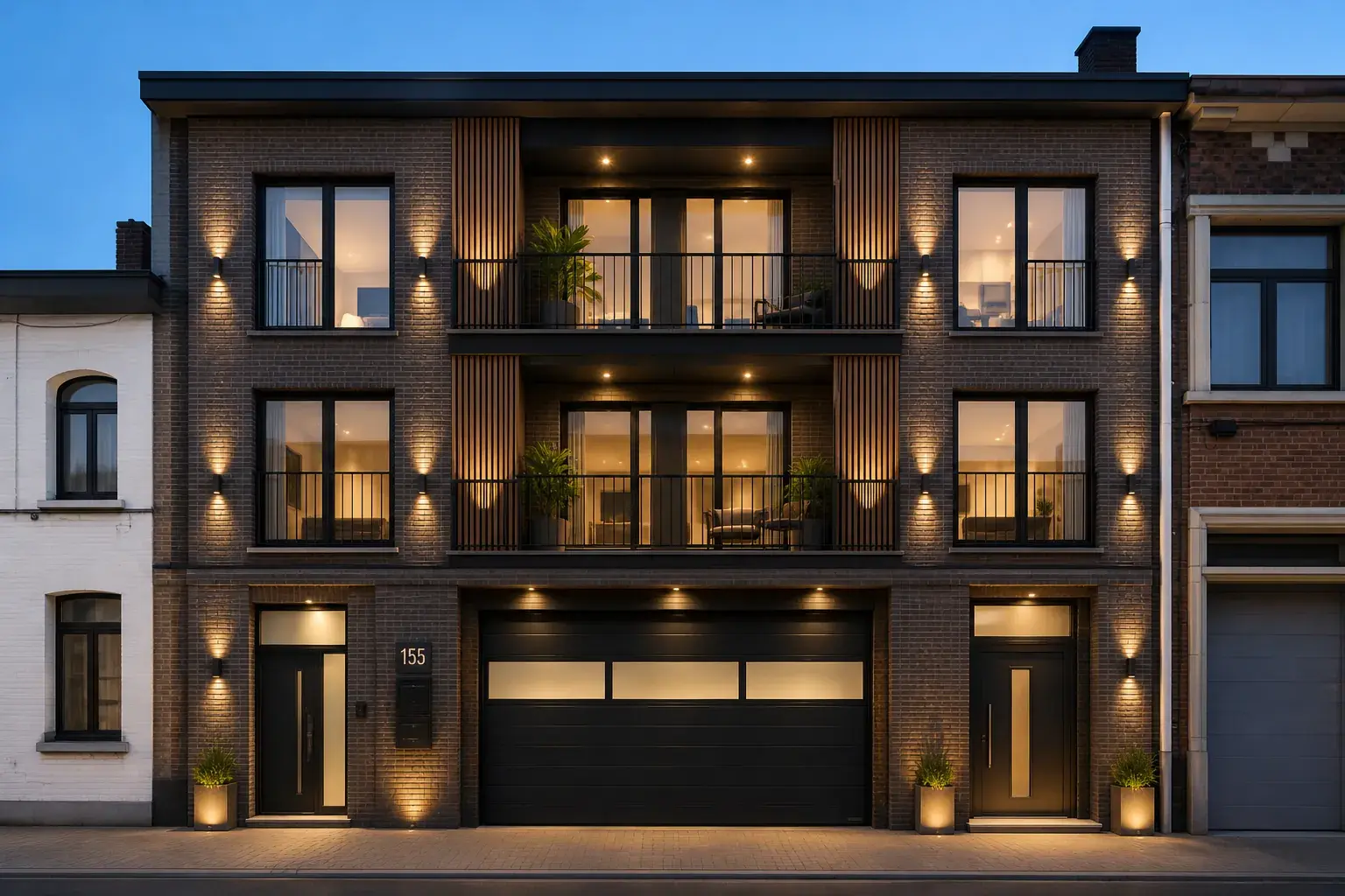 VASTRATEGY nieuwbouw — moderne stadswoning bij schemering